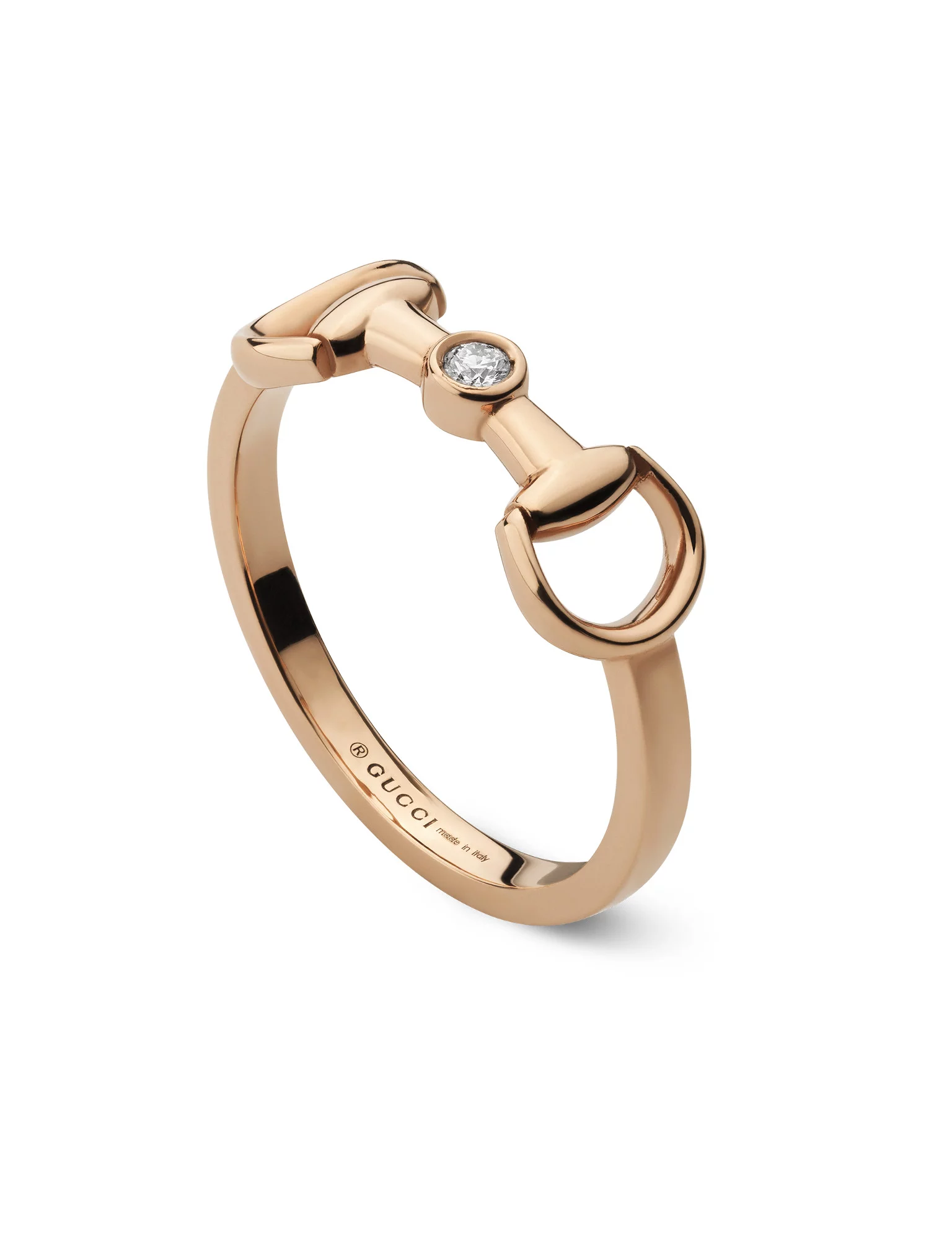 Anillo Gucci Horsebit de oro rosa 18K con diamante, referencia YBC796168001, disponible para envío en 24h.