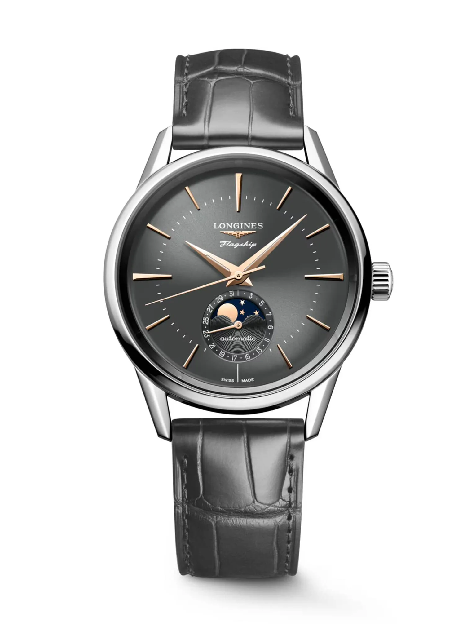 Reloj Longines Flagship Heritage Moonphase 38,5mm para hombre, Ref. L4.815.4.52.2, sofisticación y precisión.