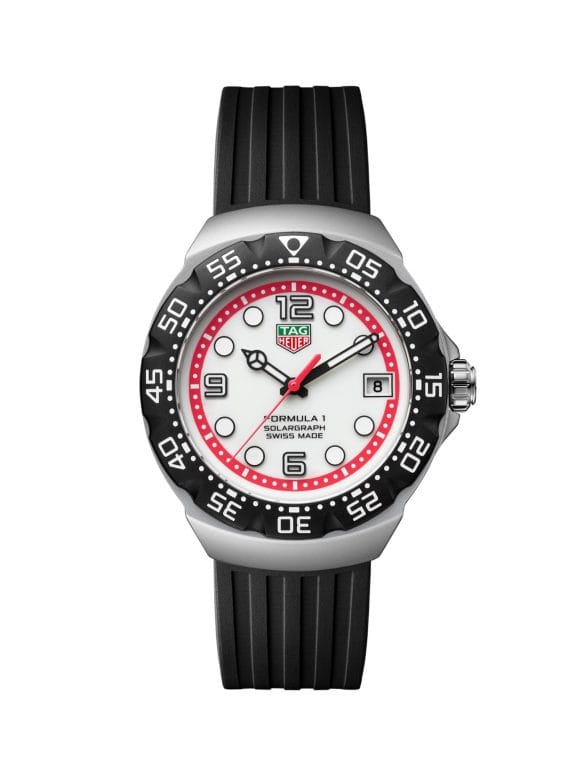 Reloj TAG Heuer Formula 1 Solargraph 38mm Edición Limitada, Ref. WBY111A.FT8106, esfera blanca y detalles rojos.