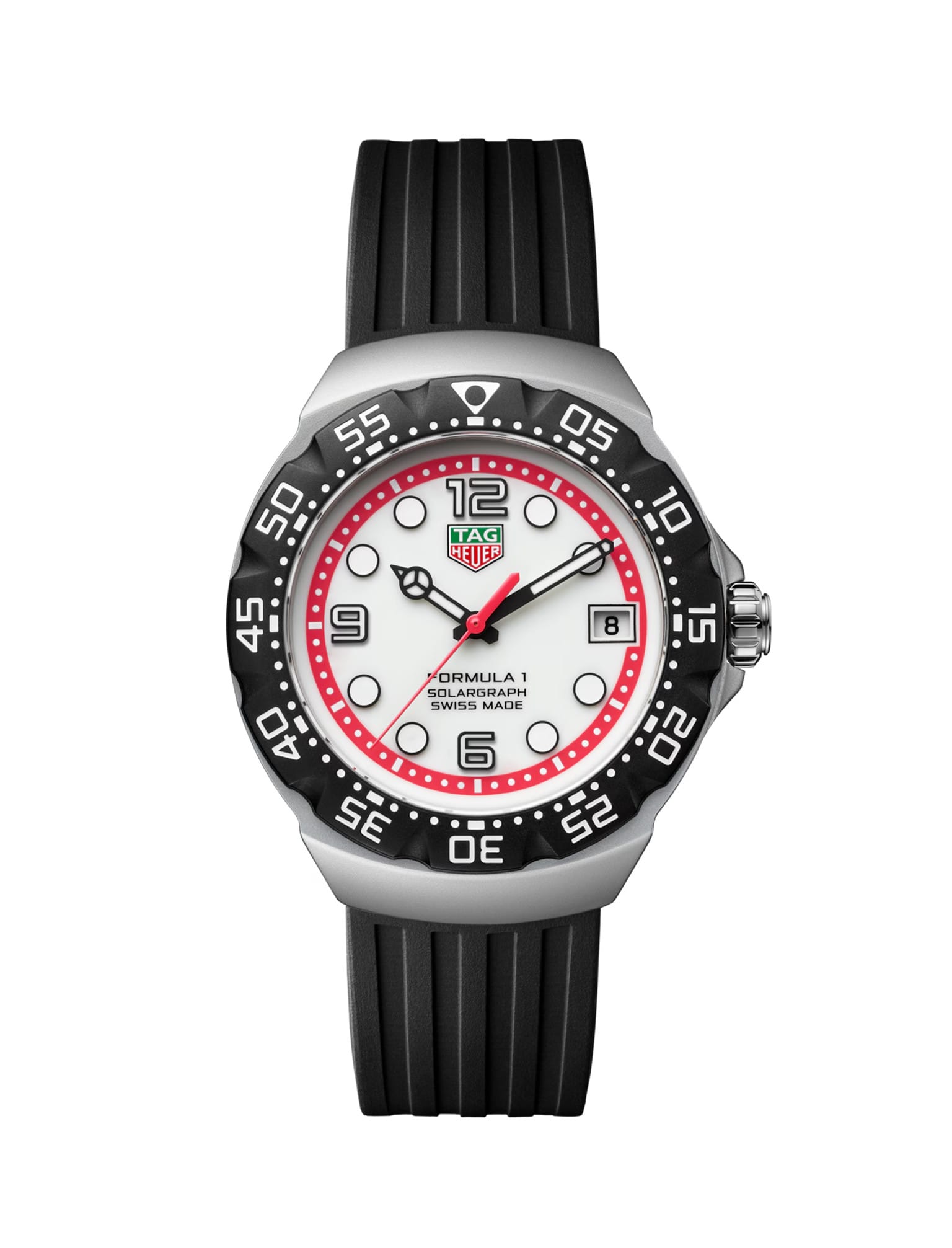 Reloj TAG Heuer Formula 1 Solargraph 38mm Edición Limitada, Ref. WBY111A.FT8106, esfera blanca y detalles rojos.