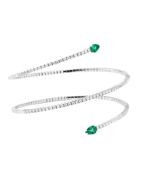 pulsera espiral de oro blanco con esmeraldas y diamantes
